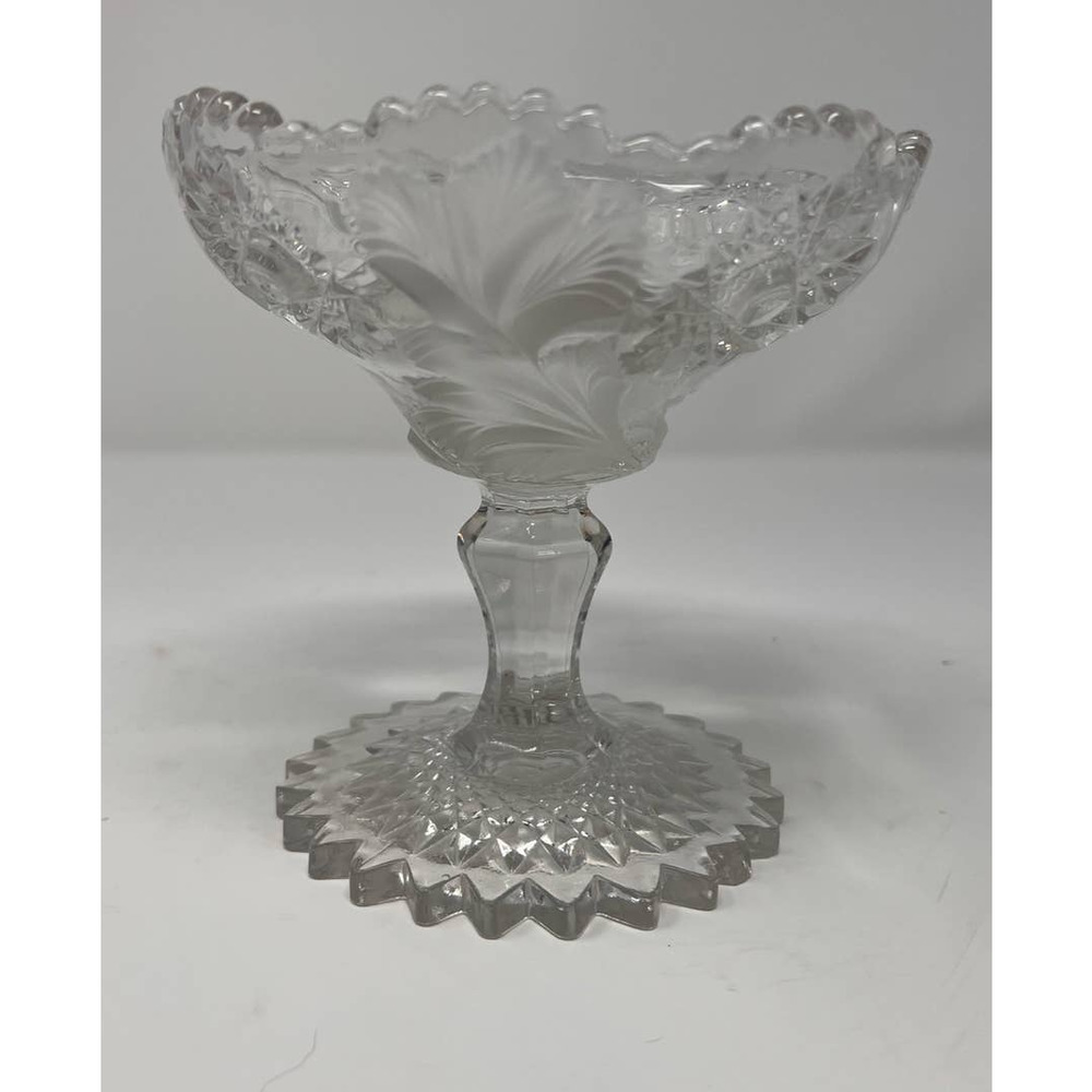 Frosted Leaves Footed Compote Lead Crystal 5 1/4" x 5 1/4" Wide